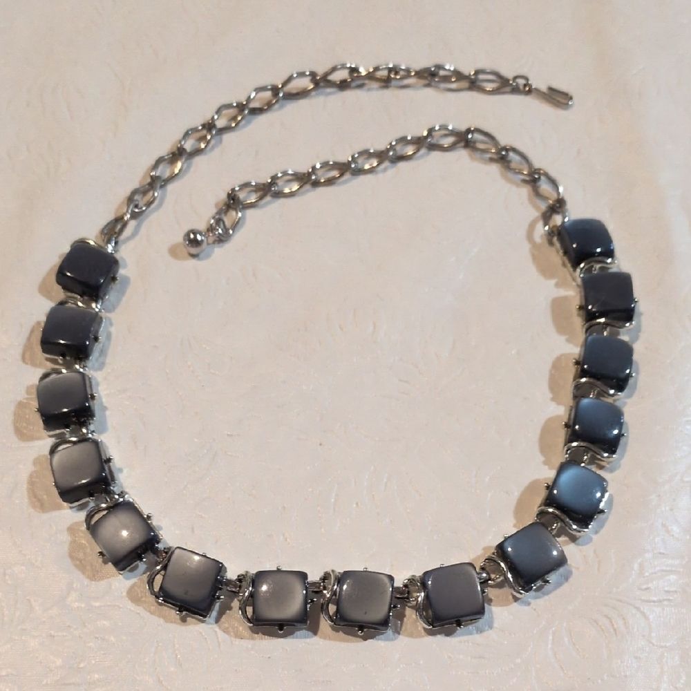 Silver Tone Gray/Blue Moonglow Style Square Stone Choker Necklace Vintage - Coro